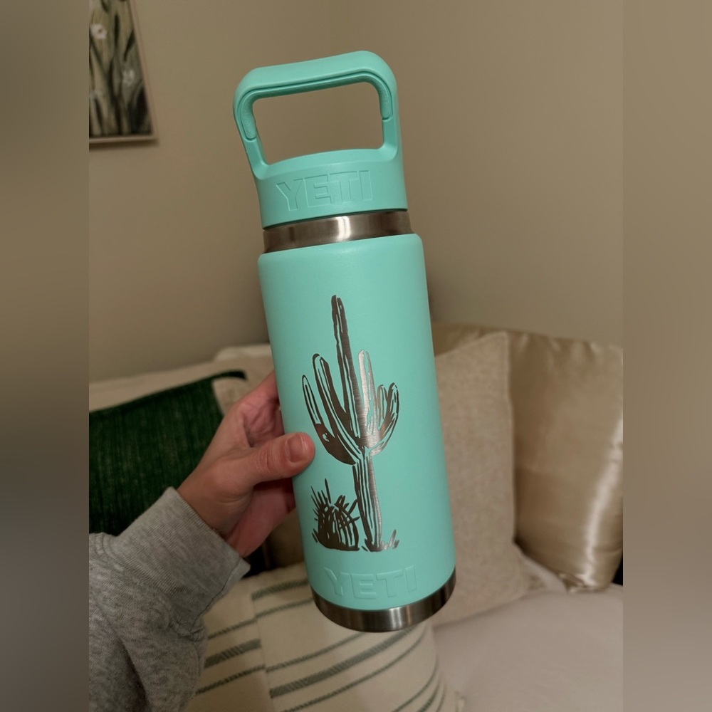 YETI Mint Green Cactus Design Water Bottle